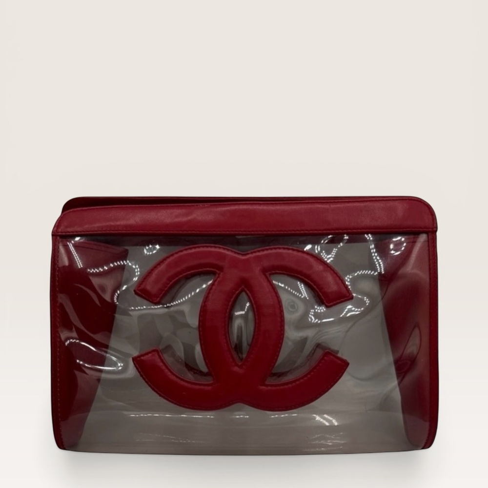 Vintage Chanel Clear PVC Clutch Red CC Logo Bag 1990s Rare - Picture 2 of 5
